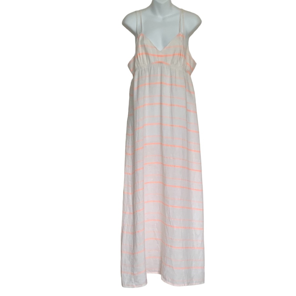J. Crew White Orange Striped Linen Blend Spaghetti Straps Maxi Dress Siz…